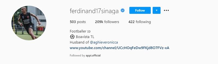 Ferdinand Sinaga mencantumkan akun klub Timor Leste, Boavista FC TL, di Instagram pribadinya (3/3/2021).