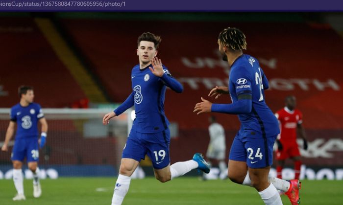 Pemain Chelsea, Mason Mount, mencetak gol ke gawang Liverpool dalam laga pekan ke-26 Liga Inggris, Jumat (5/3/2021) pukul 03.15 WIB. 