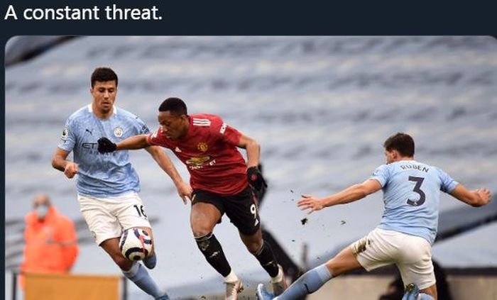 Aksi Anthony Martial dalam laga Manchester City vs Manchester United, 7 Maret 2021.