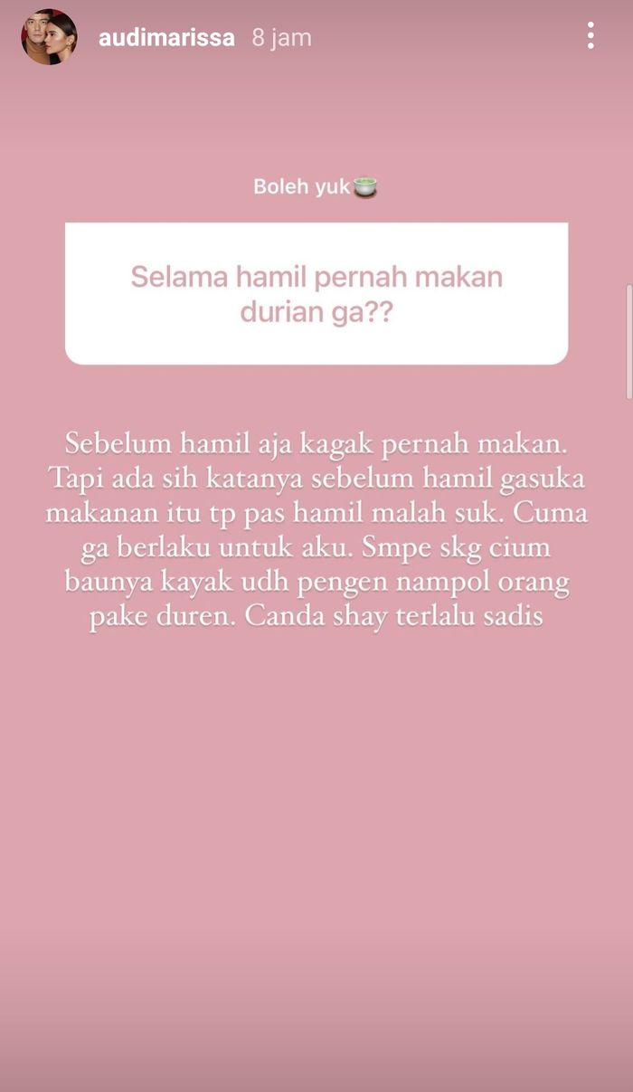 Unggahan Instagram Story Audi Marissa usai ditanya netizen perihal konsumsi durian selama hamil.