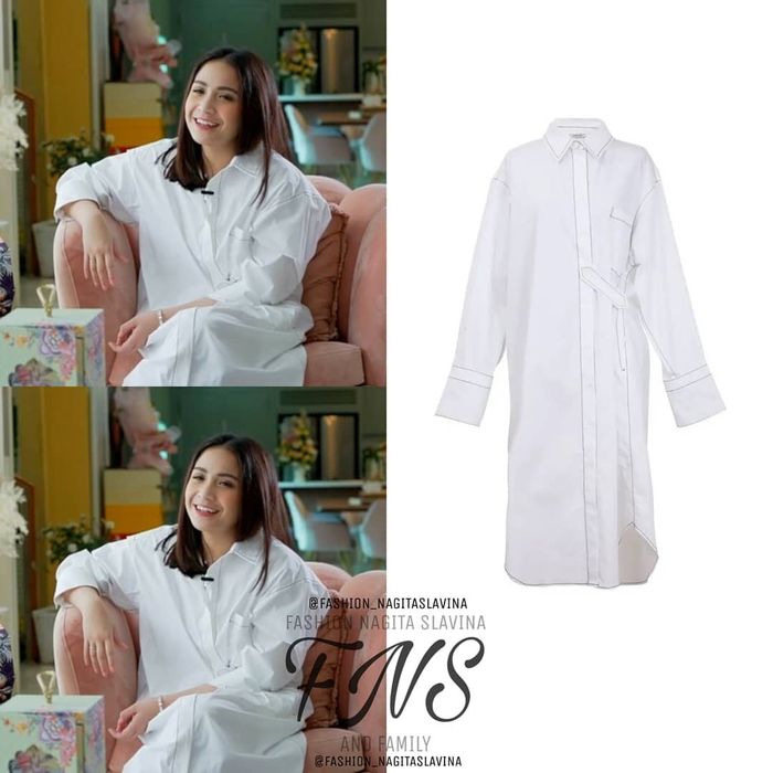 Nagita Slavina tamoak mengenakan White Stitch Kate Shirt Dress dari brand Unkiind