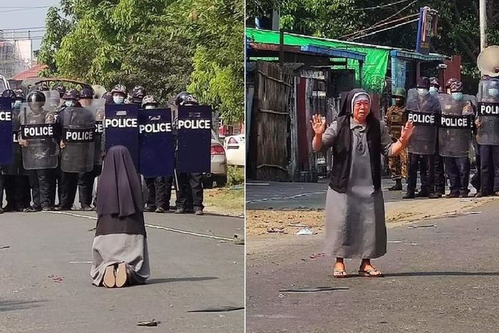 Suster Ann Nu Thawng memohon sambil berlutut supaya demonstran tidak ditembaki.