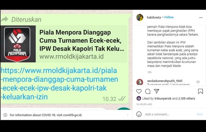 Unggahan Instagram Ketua presidium IPW, Neta S Pane, soal sikapnya terhadap gelaran Piala Menpora 2021.