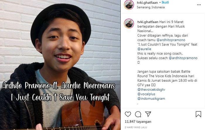 Ghatfaan salah satu peserta The Voice Kids Indonesia Season 4 menyanyikan lagu milik Ardhito Pramono 'I Just Couldn't Save You To Night'.