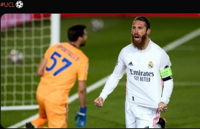 Sergio Ramos turut menyumbang satu gol dalam kemenangan 3-1 Real Madrid atas Atalanta pada laga leg kedua babak 16 besar Liga Champions 2020-2021.