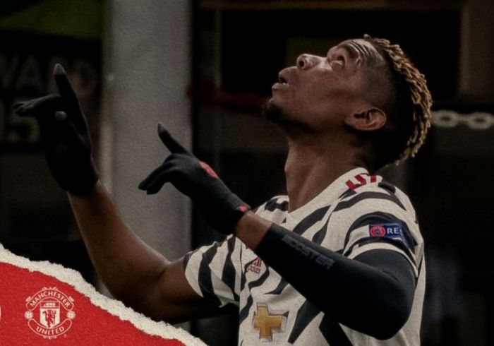 Paul Pogba merayakan golnya untuk Manchester United ke gawang AC Milan pada laga leg kedua babak 16 besar Liga Europa 2020-2021, Kamis (18/3/2021).