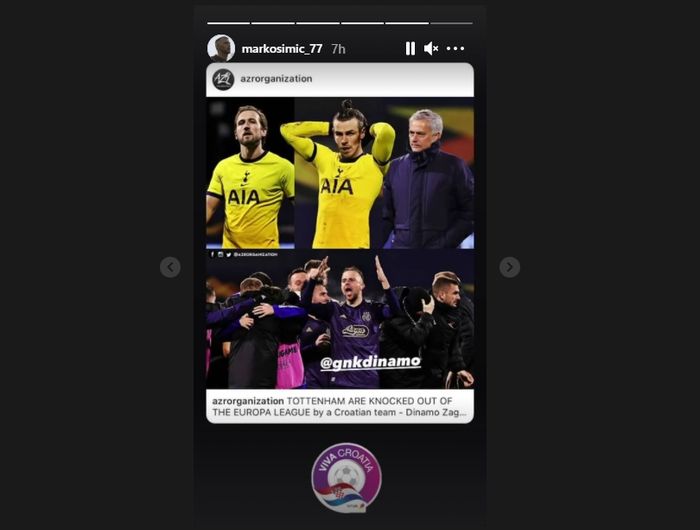 Unggahan Marko Simic setelah kemenangan Dinamo Zagreb atas Tottenham Hotspur (19/3/2021).