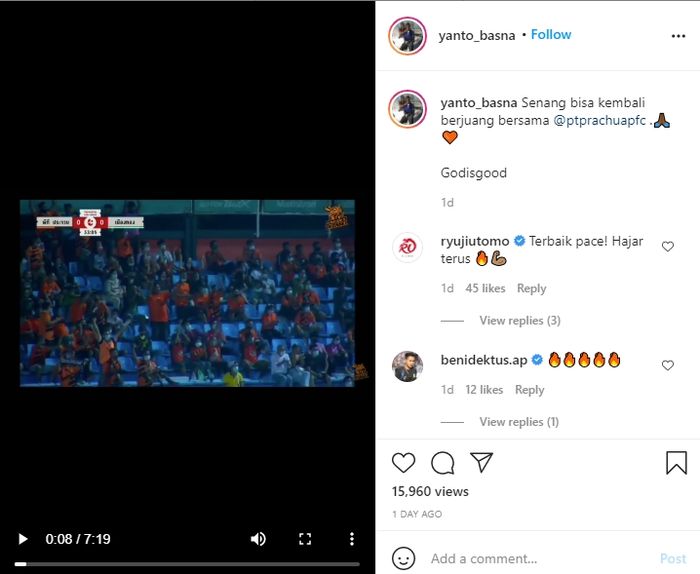 Unggahan Yanto Basna setelah mencetak gol untuk PT Prachuap di LIga Thailand (16/3/2021).