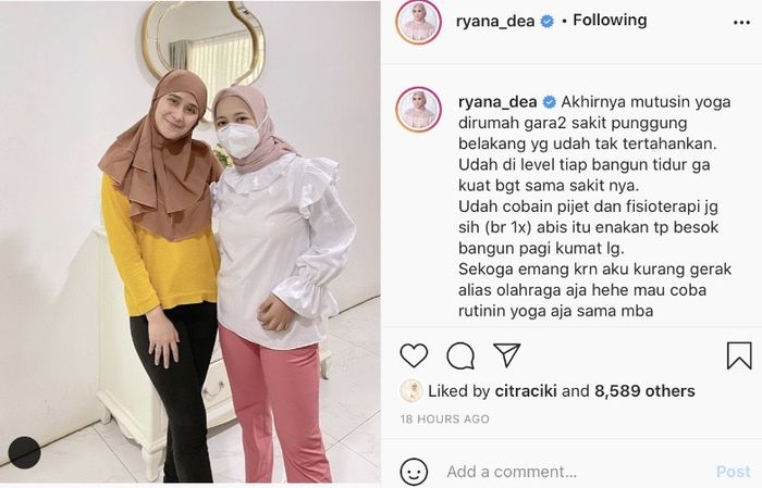 Ryana Dea berolahraga di rumah gegara sakit punggungnya yang tak sudah-sudah.