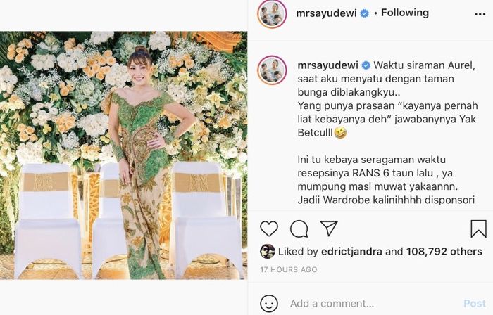 Ayu Dewi memakai kebaya bekas yang pernah dipakainya 6 tahun lalu.