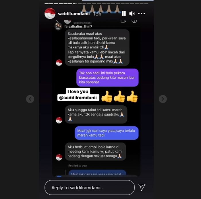 Unggahan Faisal Halim tentang permohonan Saddil Ramdani usai tekel horor pemain Indonesia itu pada laga Sabah FC vs Terengganu FC (21/3/2021).