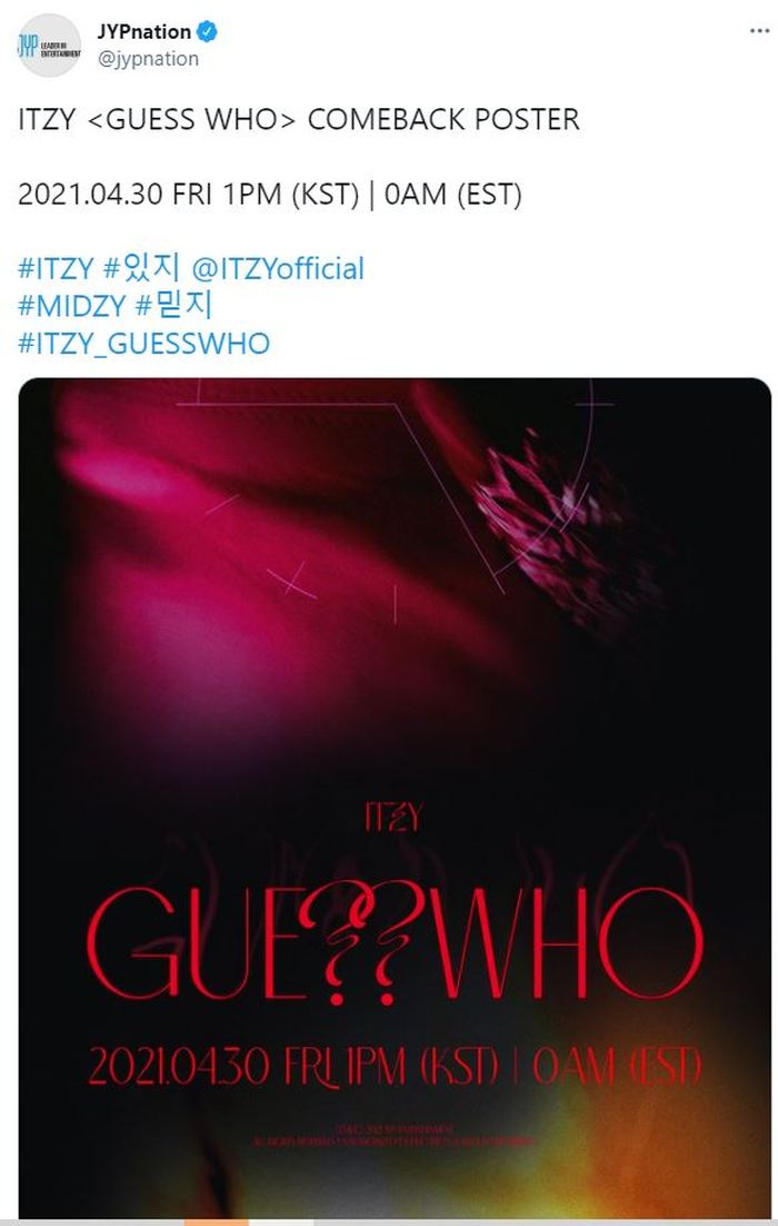 Unggahan JYP Entertainment terkait comeback ITZY 30 April mendatang