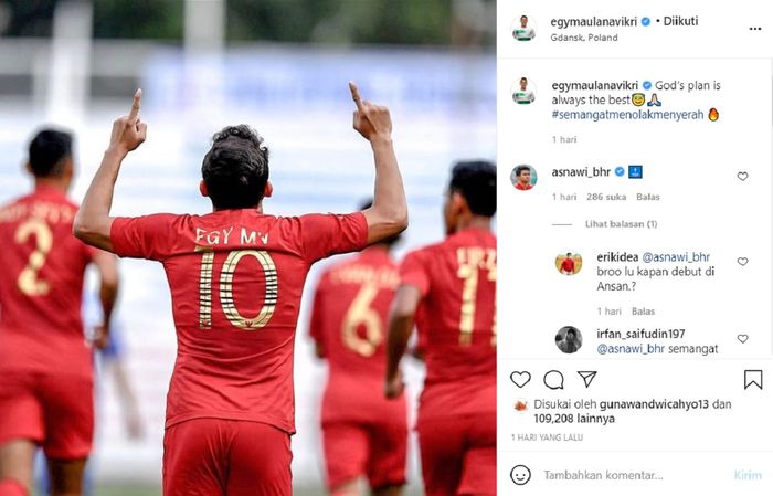 Egy Maulana Vikri memajang foto dirinya berseragam Timnas Indonesia dalam update akun resmi Instagram, 21 Maret 2021.