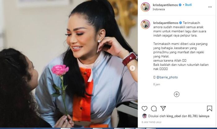 Krisdayanti membagikan potret manisnya bersama Amora Lemos beserta cuplikan video saat putri hasil pernikahan dengan Raul Lemos itu bernyanyi.