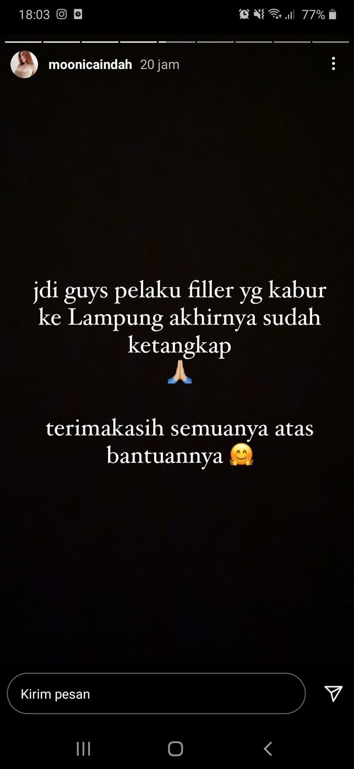 Monica Indah berterima kasih kepada seluruh pihak yang telah mengusut tuntas kasus malpraktik filler payudara.