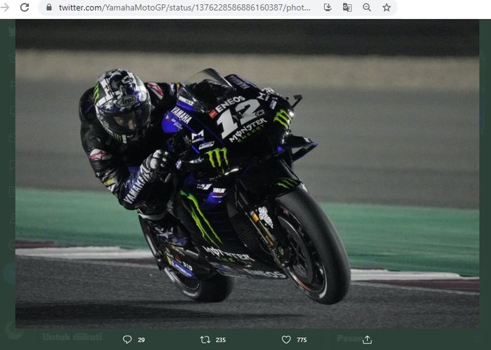 Pembalap Monster Energy Yamaha, Maverick Vinales, saat mengaspal pada MotoGP Qatar 2021 di Sirkuit Losail, Minggu (28/3/2021).