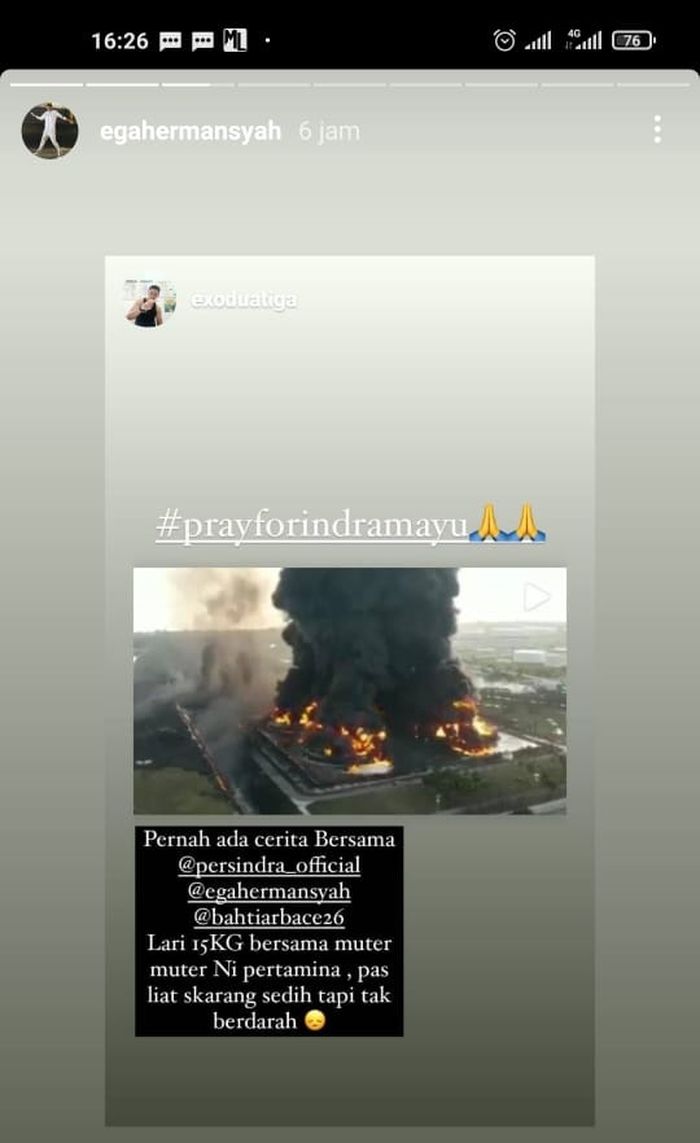 Instastory Kurnia Meiga Hermansyah yang turut berduka dengan kebakaran Kilang Pertamina Indramayu pada 29 Maret 2021.