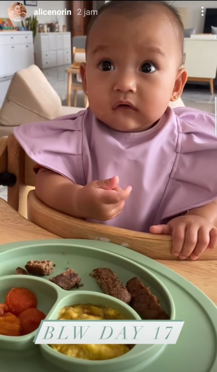 Unggahan Alice Norin saat anaknya melakukan BLW hari ke-17.