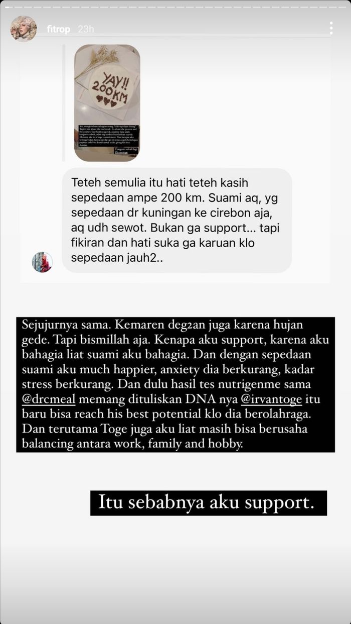Tangkapan layar Instagram Story Fitri Tropica.