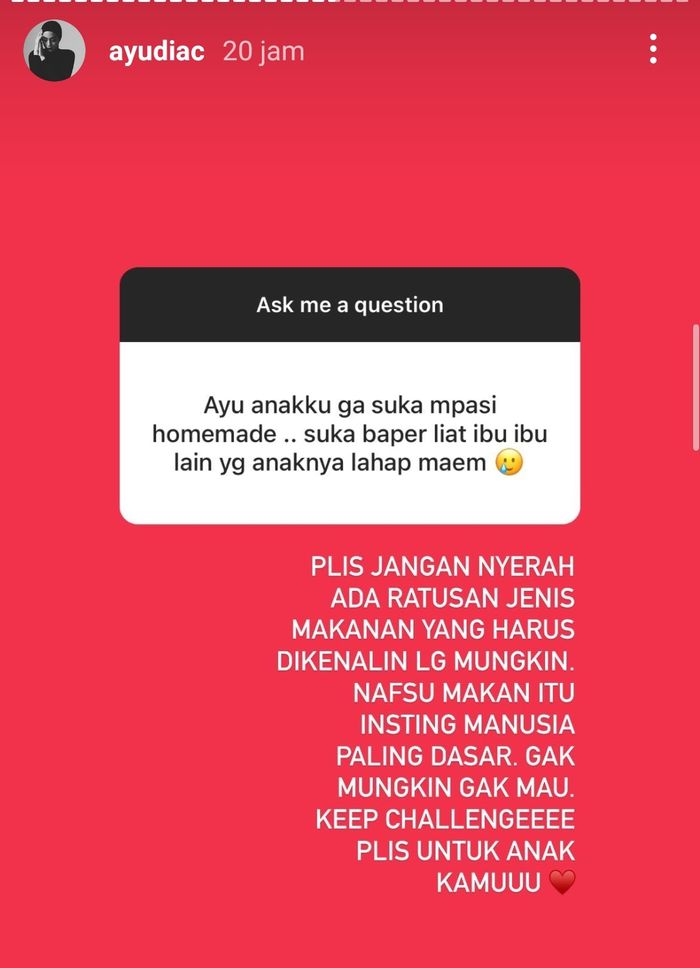 Unggahan Ayudia Bing Slamet saat netizen curhat soal anak yang susah MPASI homemade.
