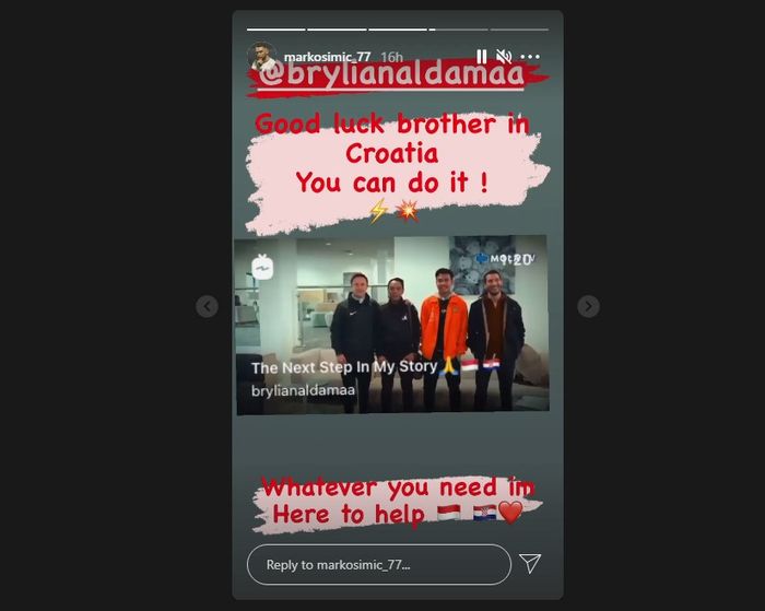 Tawaran bantuan Marko Simic pada Brylian Aldama yang terbang ke Kroasia (1/4/2021). 