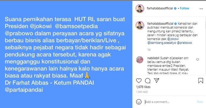 Unggahan Farhat Abbas sindir Jokowi dan Prabowo yang hadir di acara berbau bisnis atau berbayar.