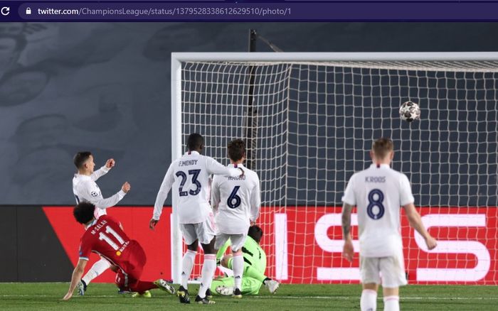 Gol bomber Liverpool, Mohamed Salah, ke gawang Real Madrid dalam babak perempat final Liga Champions 2020-2021 pada Selasa (6/4/2021) waktu setempat atau Rabu pukul 02.00 WIB. 