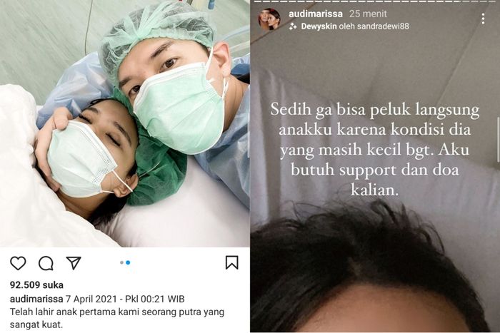 Unggahan Audi Marissa saat mengabarkan ia telah melahirkan secara prematur.