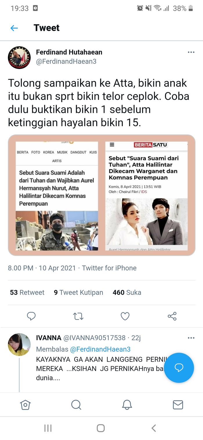 Mantan pengurus Partai Demokrat, Ferdinand Hutahaean mengomentari terkait keinginan Atta Halilintar yang ingin memiliki 15 anak.