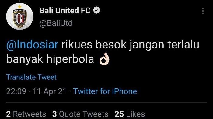 Cuitan akun resmi Bali United yang telah dihapus.
