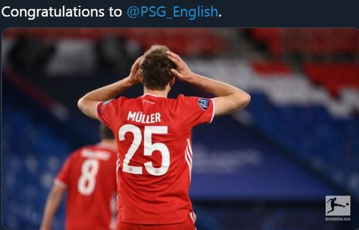 Ekspresi penyerang Bayern Muenchen, Thomas Mueller, usai timnya disingkirkan Paris Saint-Germain di Liga Champions 2020-2021.