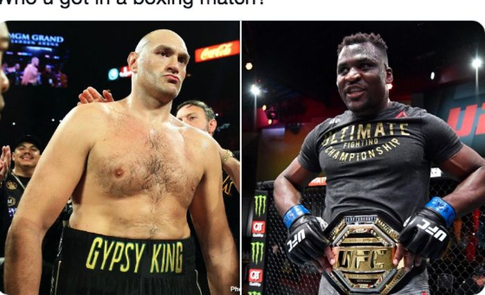 Juara kelas berat WBC, Tyson Fury (kiri), dan Juara kelas berat UFC, Francis Ngannou (kanan).