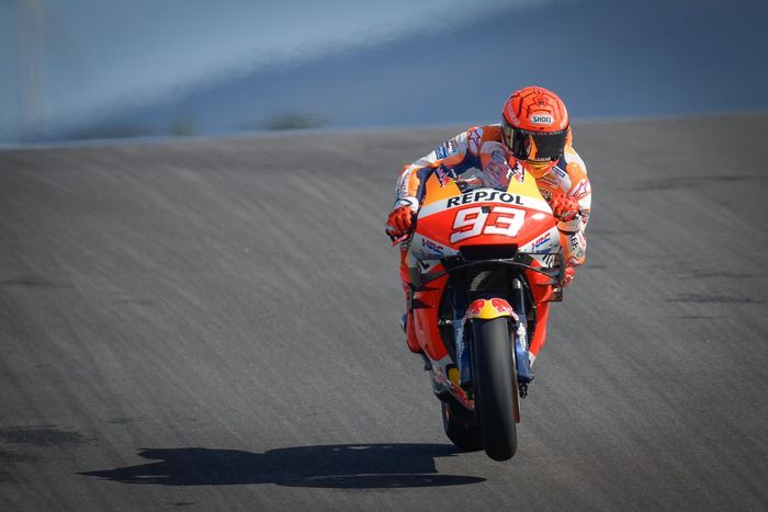 Pembalap Repsol Honda, Marc Marquez, pada hari pertama seri balap MotoGP Portugal di Sirkuit Algarve, Portimao, Jumat (16/4/2021).