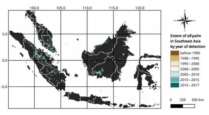 Peta baru yang menunjukkan pertambahan luas perkebunan kelapa sawit di Asia Tenggara dalam dua dekade terakhir.
