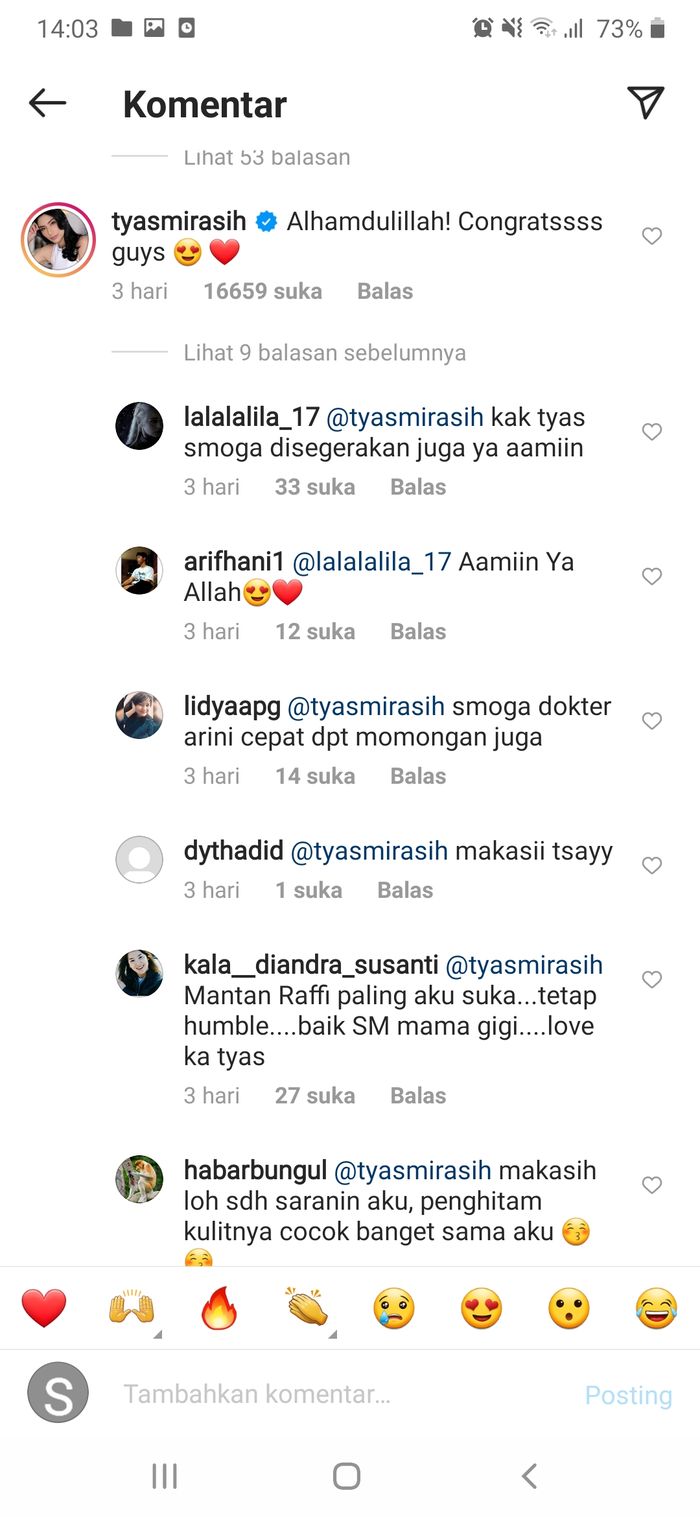 Mantan kekasih Raffi Ahmad, Tyas Mirasih memberikan selamat atas kehamilan Nagita Slavina.