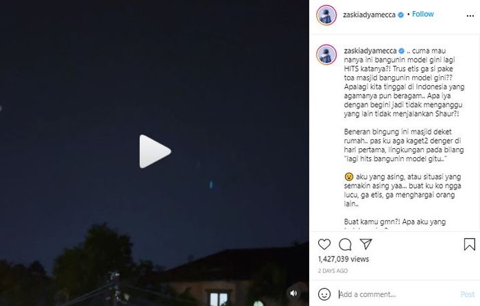 Aksi protes Zaskia Adya Mecca perihal membangunkan sahur dengan heboh.  