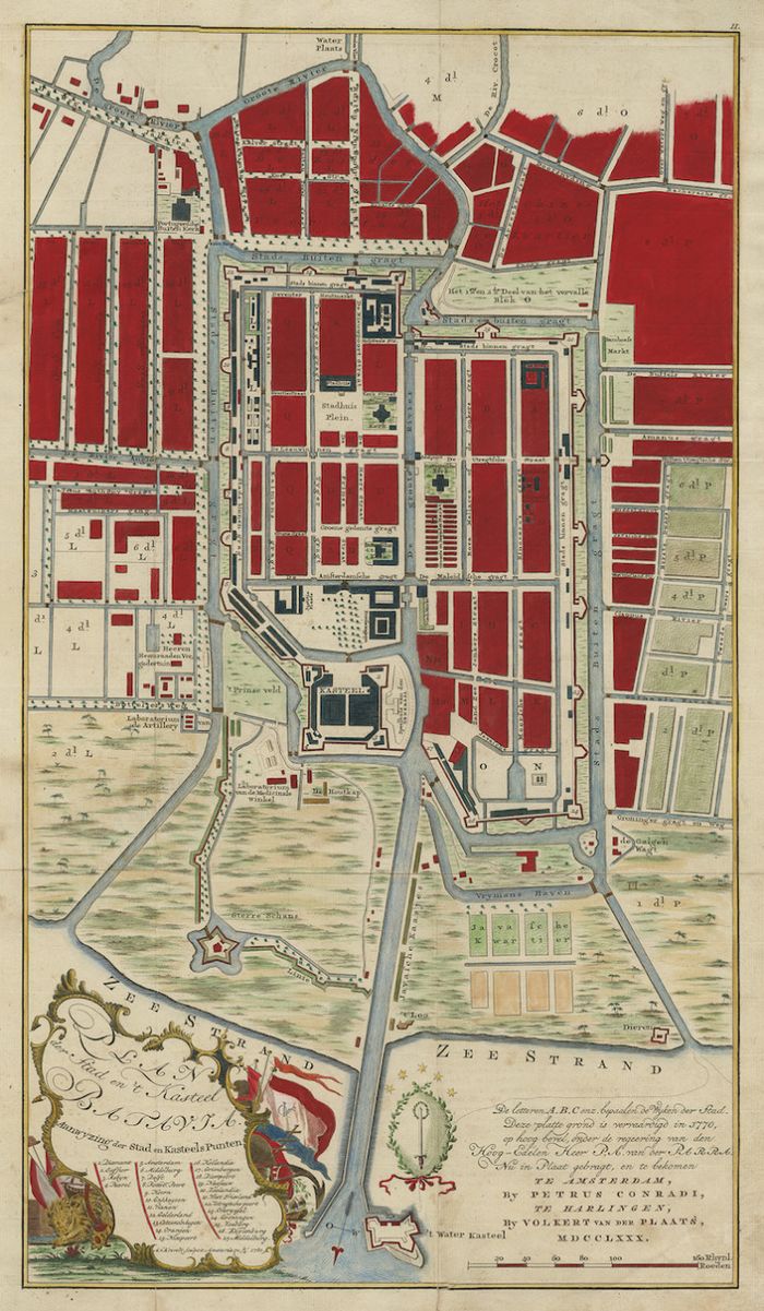 Peta Batavia karya Van Krevelt berjudul &lsquo;PLAN der Stad en &lsquo;t Kasteel BATAVIA. Aanwyzing der Stad en Kasteels Punten&rsquo;.  Etsa oleh A. van Krevelt di Amsterdam pada 1780, dan diterbitkan oleh Peter Conradi pada 1780.