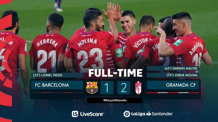 Selebrasi pemain Granada usai menumbangkan Barcelona di Camp Nou dengan skor 2-1, Kamis (29/4/2021)