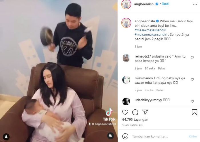  Angbeen Rishi membuat video TikTok bersama Adly Fairuz juga putra semata wayang mereka, Ardashir.