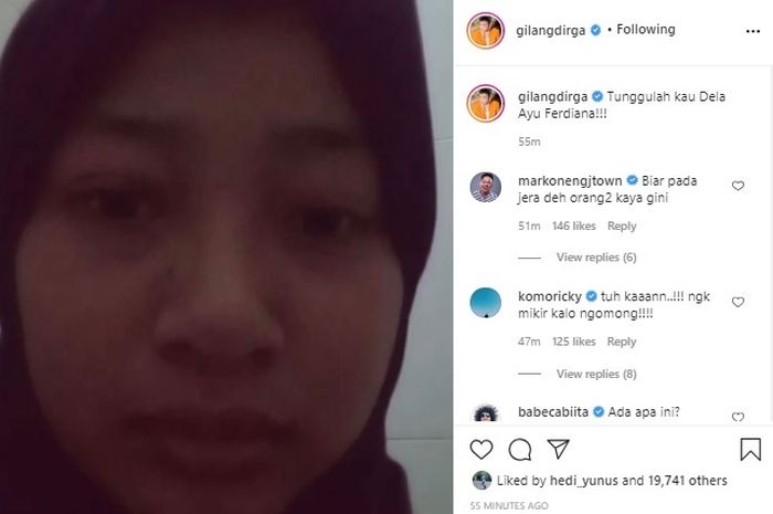 Unggahan Gilang Dirga tentang pelaku yang menghina istrinya.
