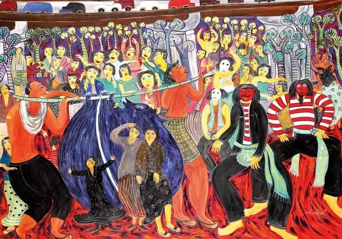 Lukisan 'Berburu Celeng' karya Untung Wahono, 2014.