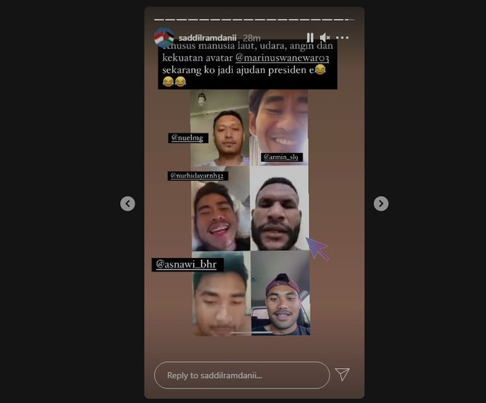 Video call Saddil Ramdani, Asnawi Mangkualam, Nurhidayat, dan Marinus Wanewar (15/5/2021).