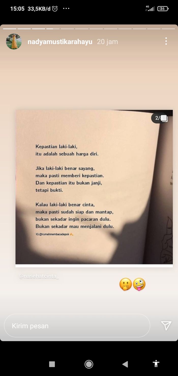 Nadya Mustika Rahayu yang menyinggung soal harga diri seorang pria 