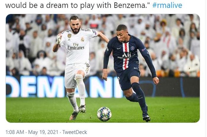 Kylian Mbappe (kanan) ketika berduel dengan Karim Benzema dalam pertandingan Real Madrid versus Paris Saint-Germain di Liga Champions musim 2019-2020.