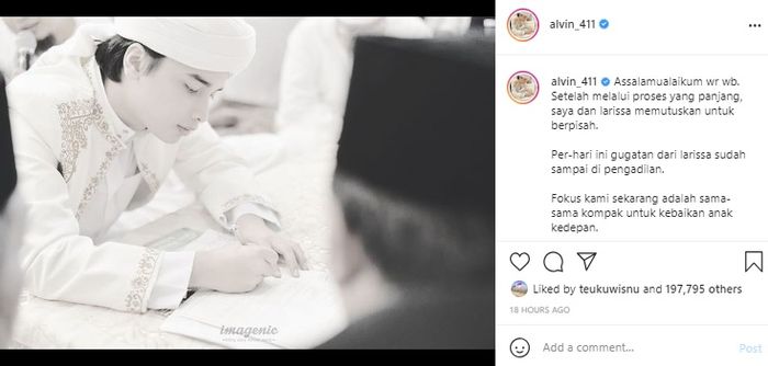 Unggahan Alvin Faiz tentang gugatan cerai Larissa Chou