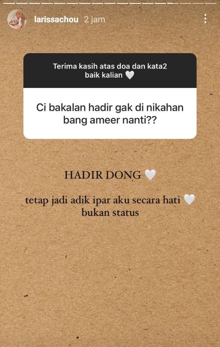 Larissa Chou pastikan dirinya hadir di acara pernikahan adik Alvin Faiz, Ameer Azzikra.