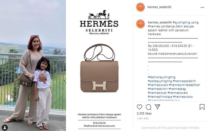 Unggahan akun @hermes_selebritii tentang tas Ayu Ting Ting