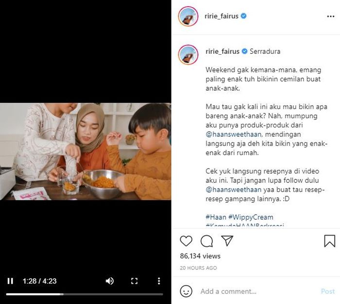 Unggahan Instagram Ririe Fairus