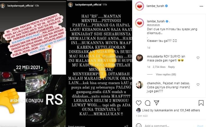 Unggahan @lambe_turah tentang Instagram Story Lucky Alamsyah.