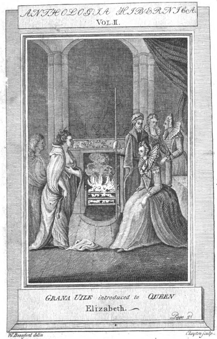 Pertemuan Grace O'Malley and Elizabeth I (from Anthologia Hibernica volume II), litografi 1794.